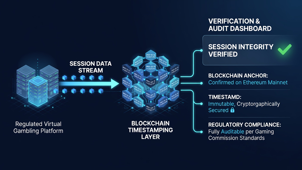 Regulated virtual gambling platform interface displaying real-time blockchain verification of session timestamps